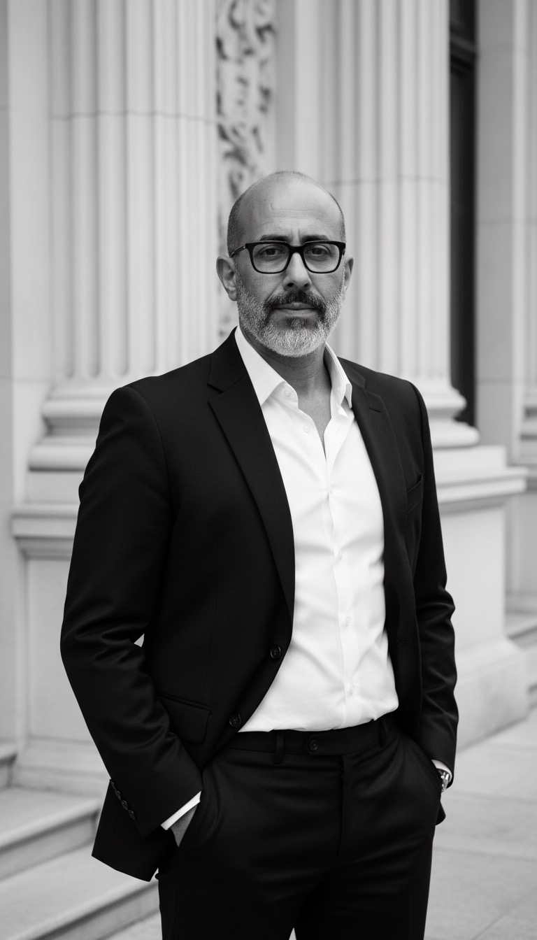 Luis Humberto Goyzueta in a dark suit standing before a columned stone facade